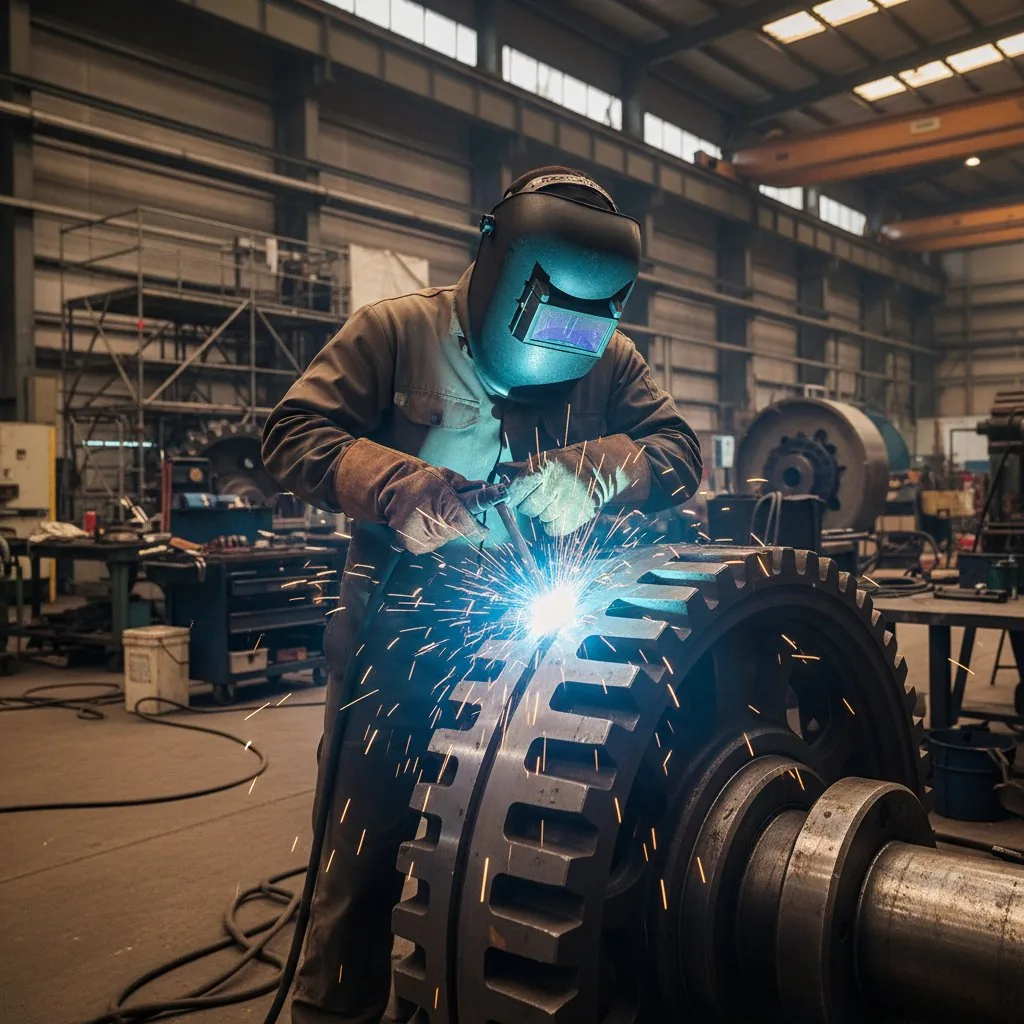 Welder in protective gear repairing a large industrial gear assembly with bright sparks inside a fabrication shop